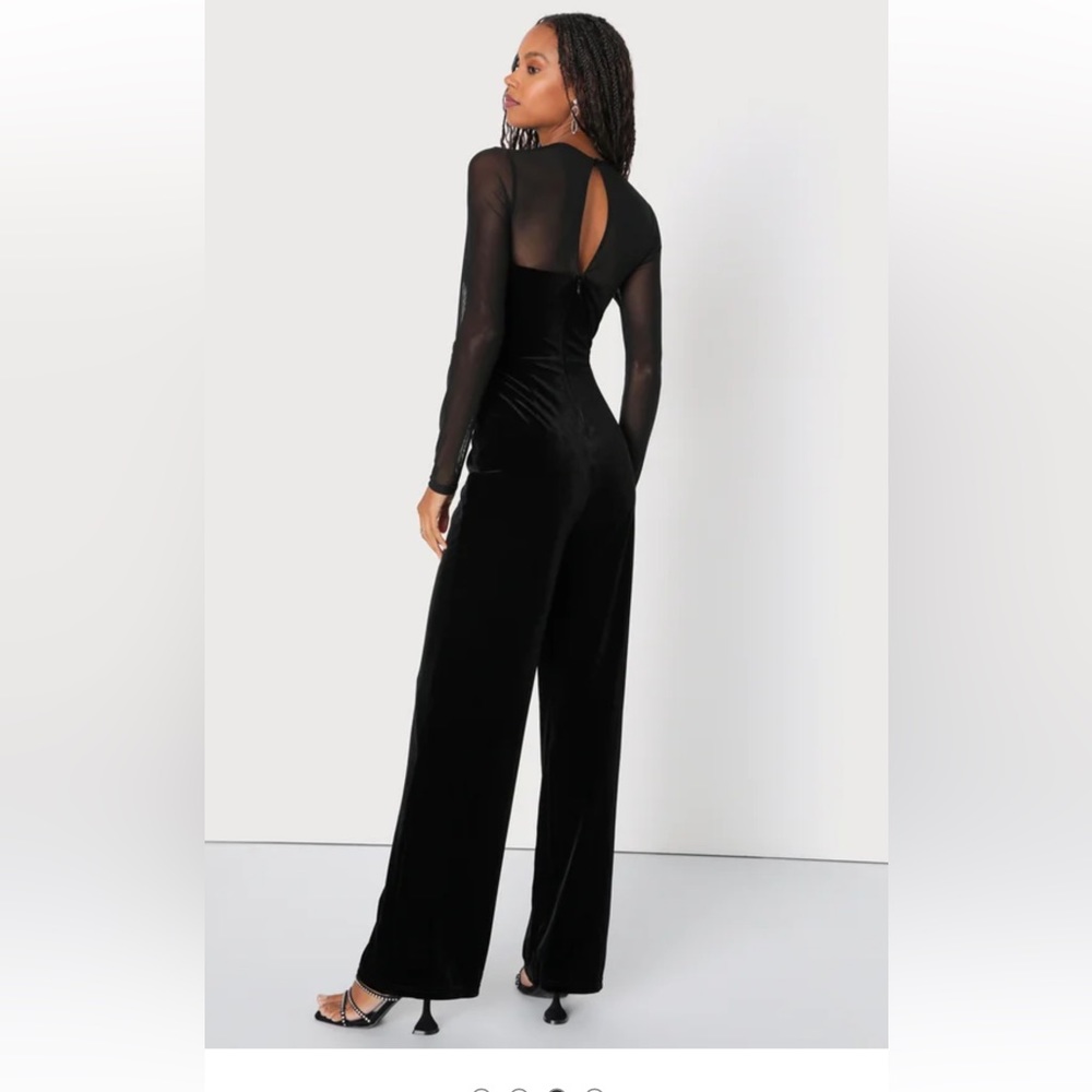 Lulu’s Edgy Charisma Black Mesh Velvet Cutout Long Sleeve Jumpsuit (NWT) size M